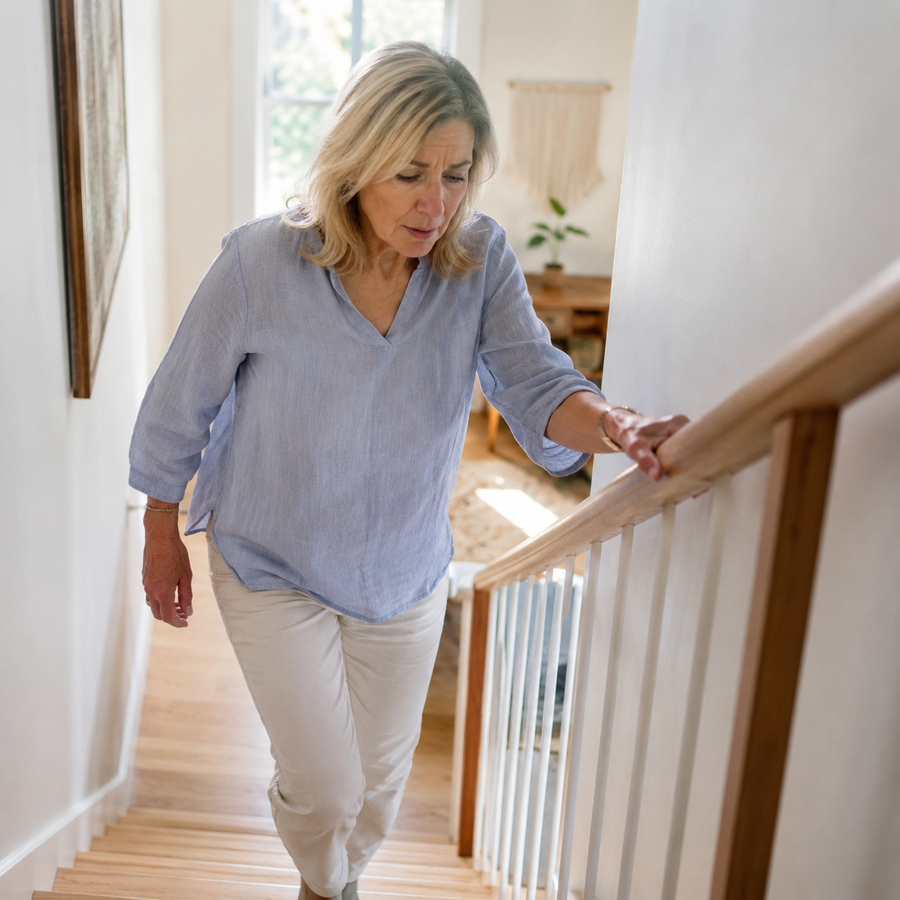 Woman carefully walking up stairs